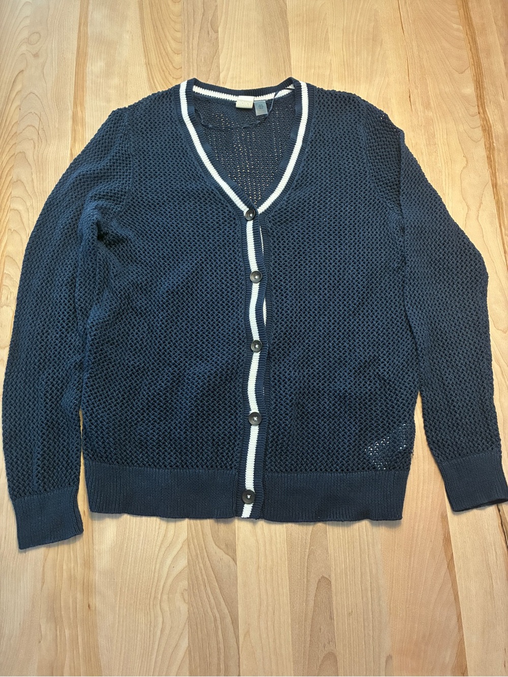 ROXY Navy V-Neck Button Cardigan with White Trim - Women Sweater